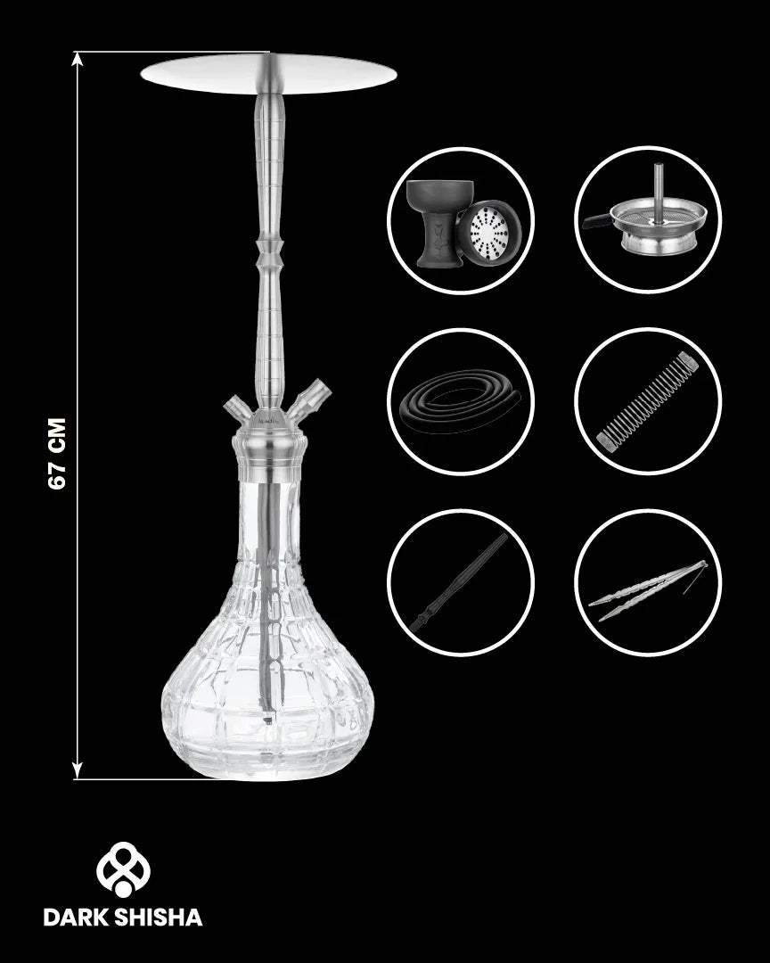 Narghilè Aladin MVP 670 Gastro Cube in acciaio inox da 67 cm con base in vetro trasparente e accessori inclusi.