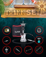Carica immagine nella galleria Dark Set Narghilè Luna Vacanza Argento – narghilè compatto da viaggio in alluminio con ampolla in vetro e accessori completi per l’estate