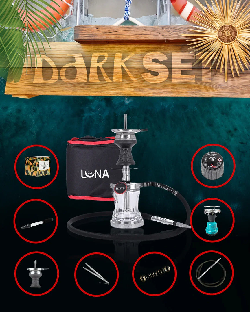 Dark Set Narghilè Luna Vacanza Argento – narghilè compatto da viaggio in alluminio con ampolla in vetro e accessori completi per l’estate