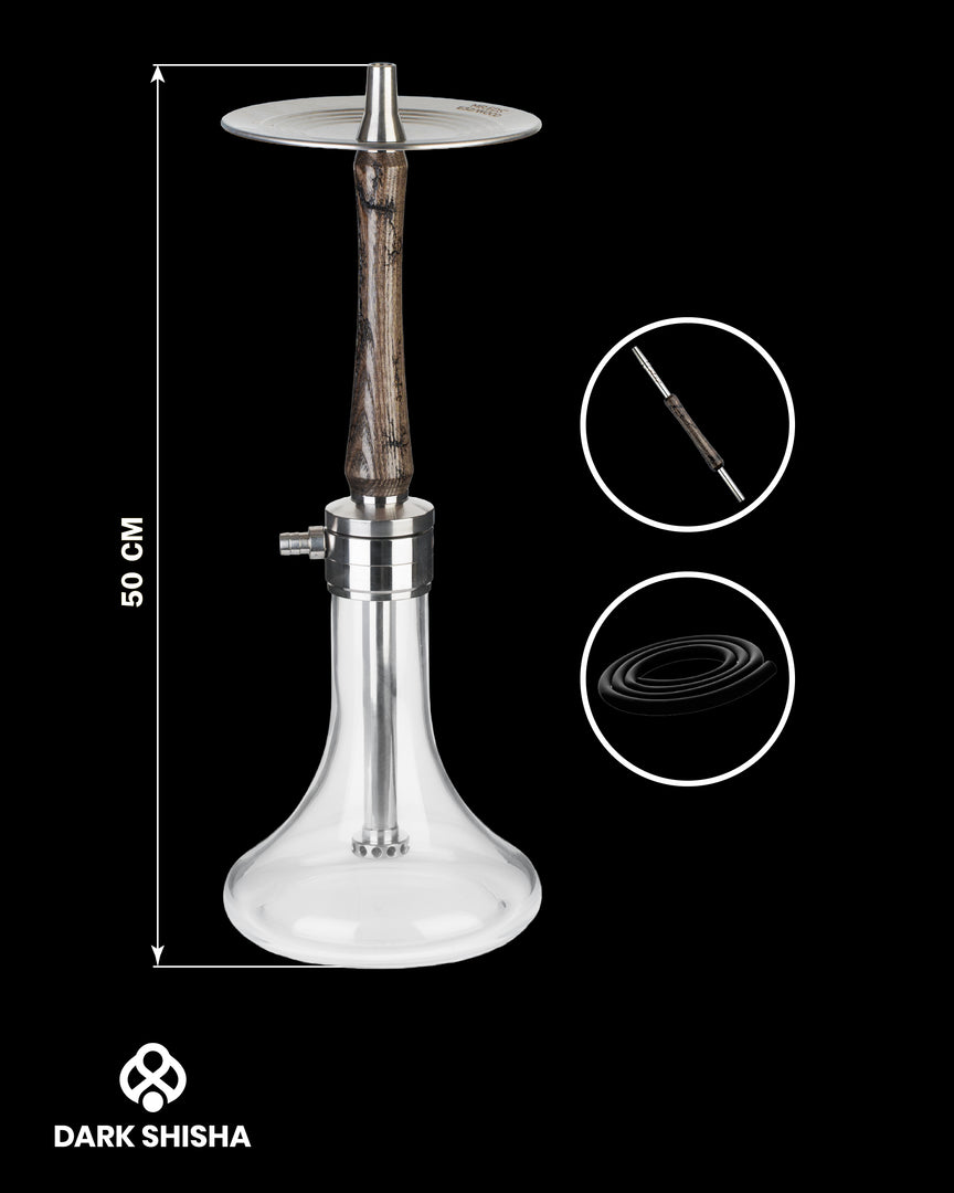 Mr. Eds Narghilè E32 grigio con base in vetro chiaro e colonna in acciaio rivestita di legno