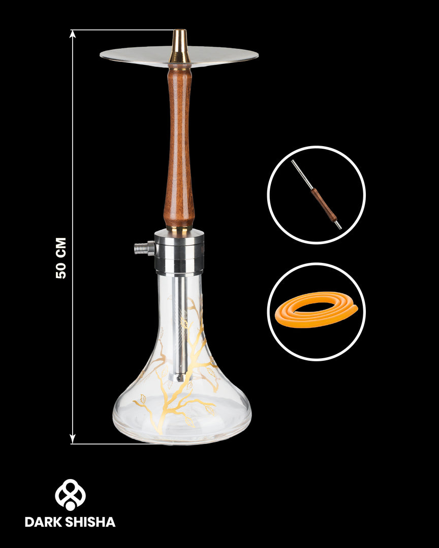 Mr. Eds Narghilè E32 marrone scuro con base in vetro chiaro e colonna in acciaio rivestita di legno