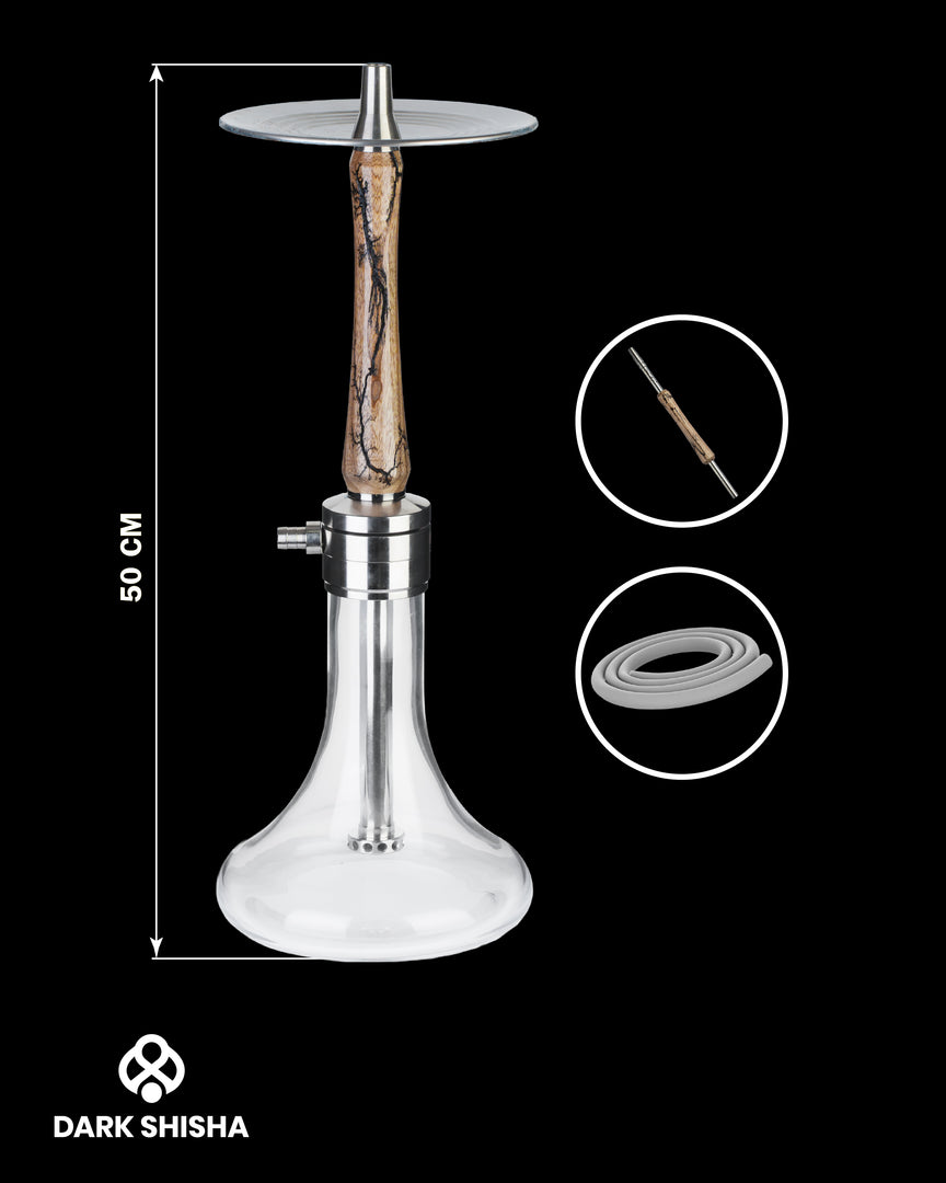 Mr. Eds Narghilè E32 noce con base in vetro chiaro e colonna in acciaio rivestita di legno