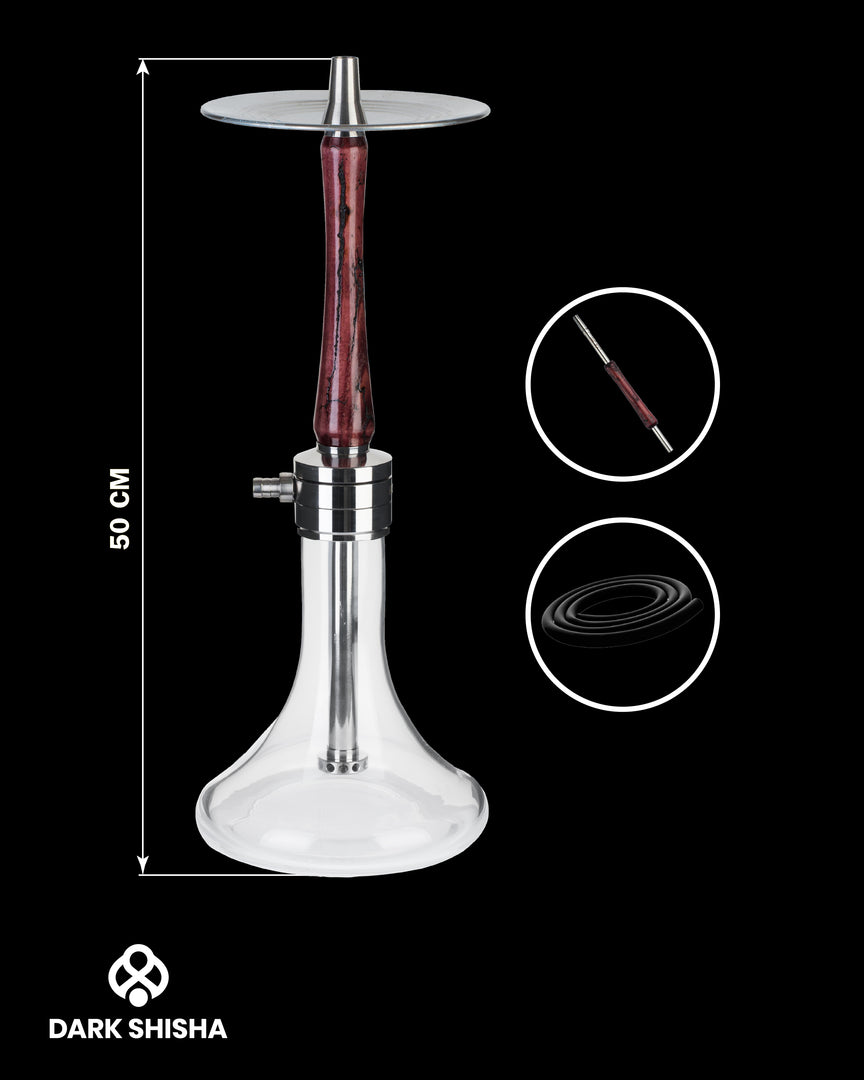 Mr. Eds Narghilè E32 rosso con base in vetro chiaro e colonna in acciaio rivestita di legno