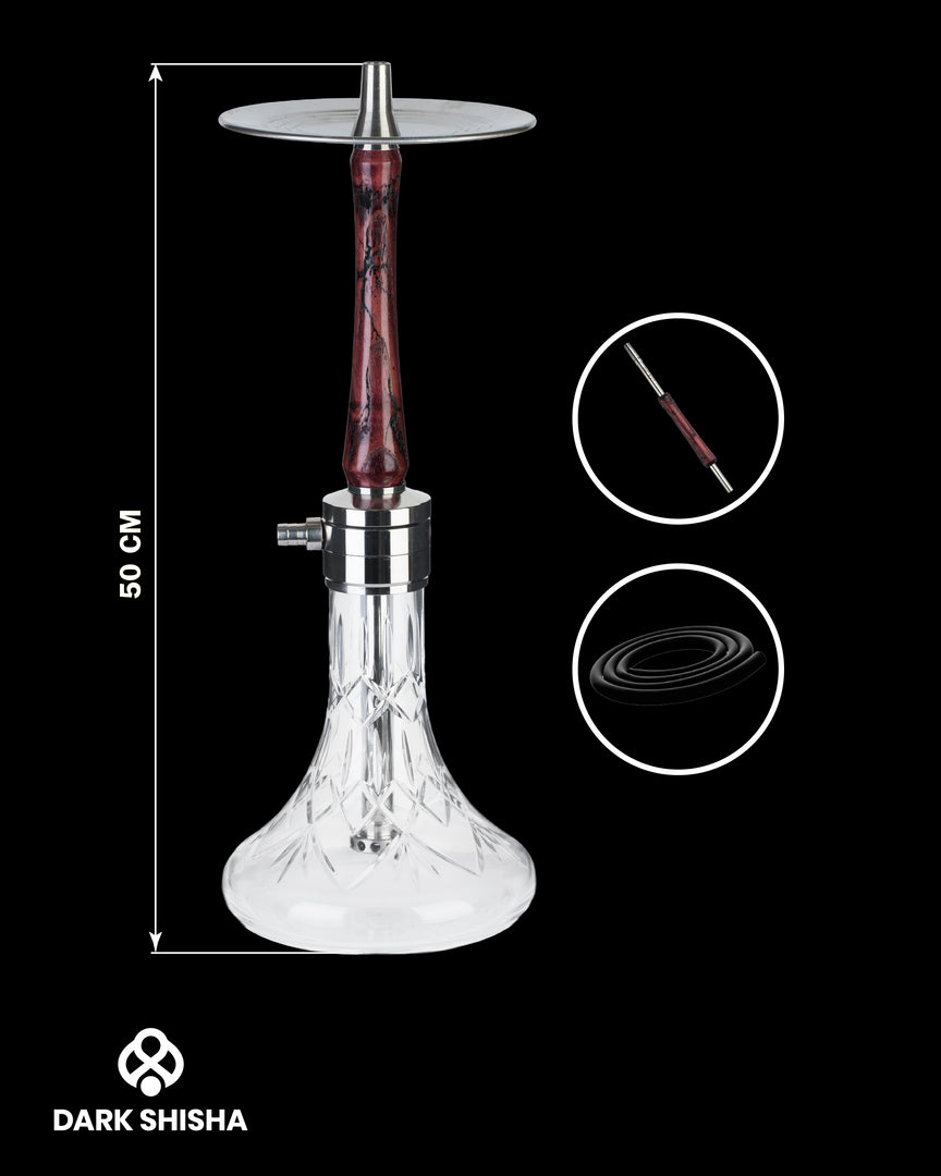 Mr. Eds Narghilè E32 rosso con base in vetro cristallo e colonna in acciaio rivestita di legno