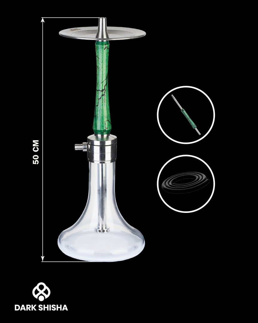 Mr. Eds Narghilè E32 verde con base in vetro chiaro e colonna in acciaio rivestita di legno