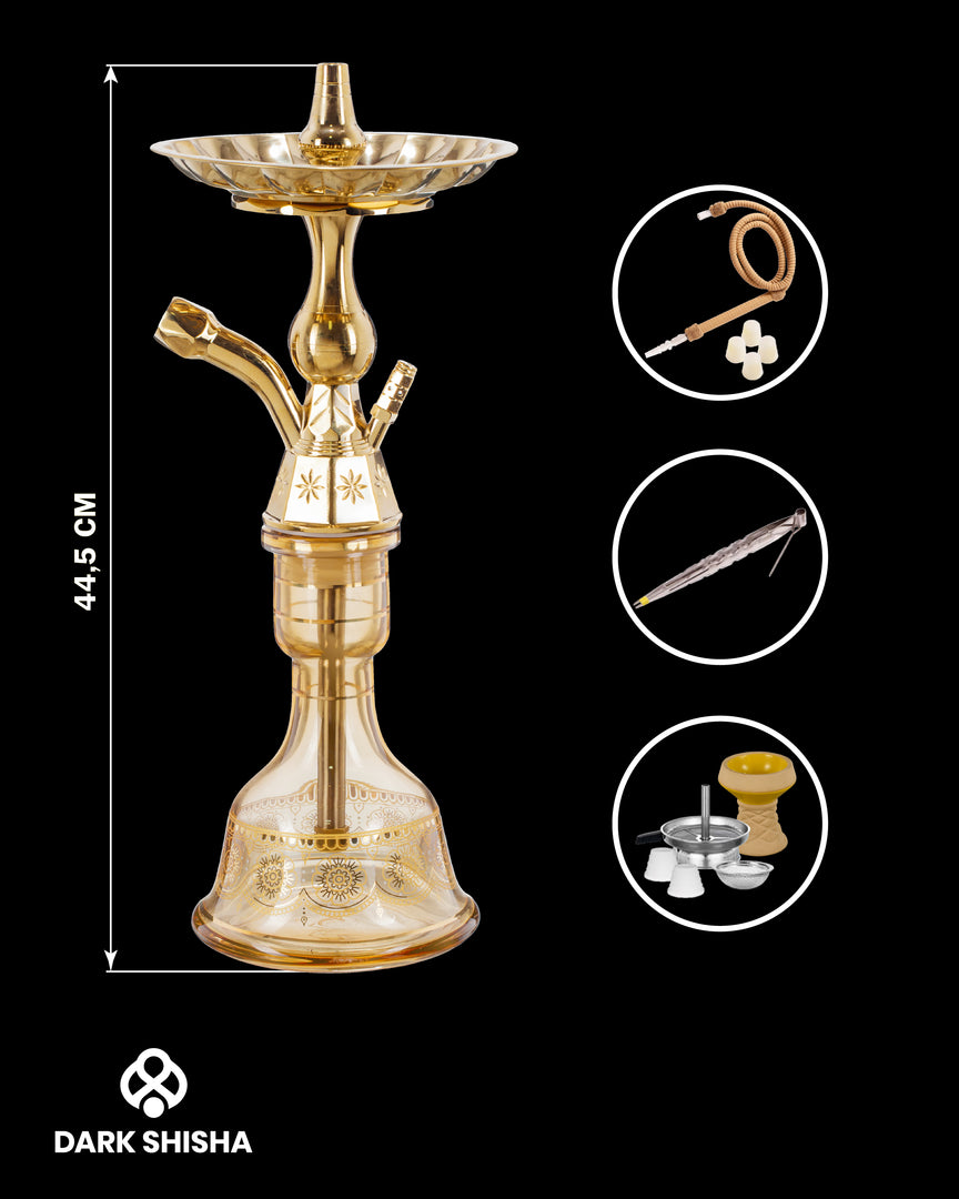 Narghilè tradizionale Luna ambrato in alluminio con base in vetro soffiato a mano e set completo pronto all’uso