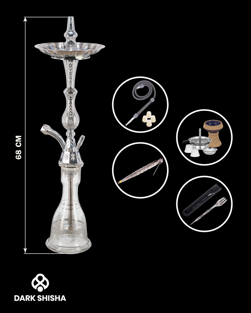 Narghilè tradizionale Luna grande argento in alluminio con base in vetro soffiato a mano e set completo