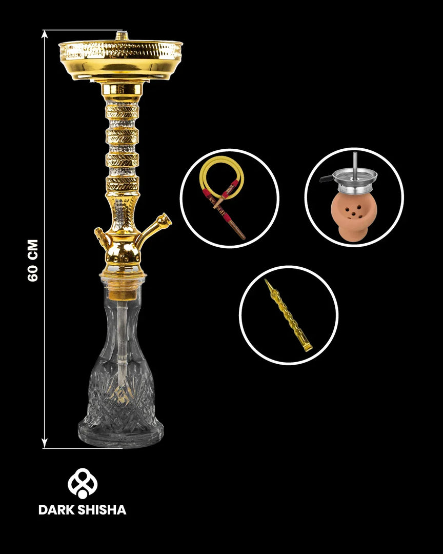 Narghilè tradizionale Shams Gold 60 cm in ottone dorato con accessori completi.