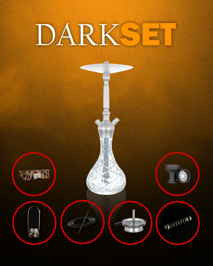 Dark Set Narghilè Aladin Alux M5 con Accessori Completi - Include narghilè in alluminio, 1 kg di carbone Cocobration, porta carbone in argento, testa in terracotta, braciere per gestione calore, tubo in silicone con boccaglio in Alluminio, molla anti-piegamento. Ideale per una sessione di narghilè di alta qualità.