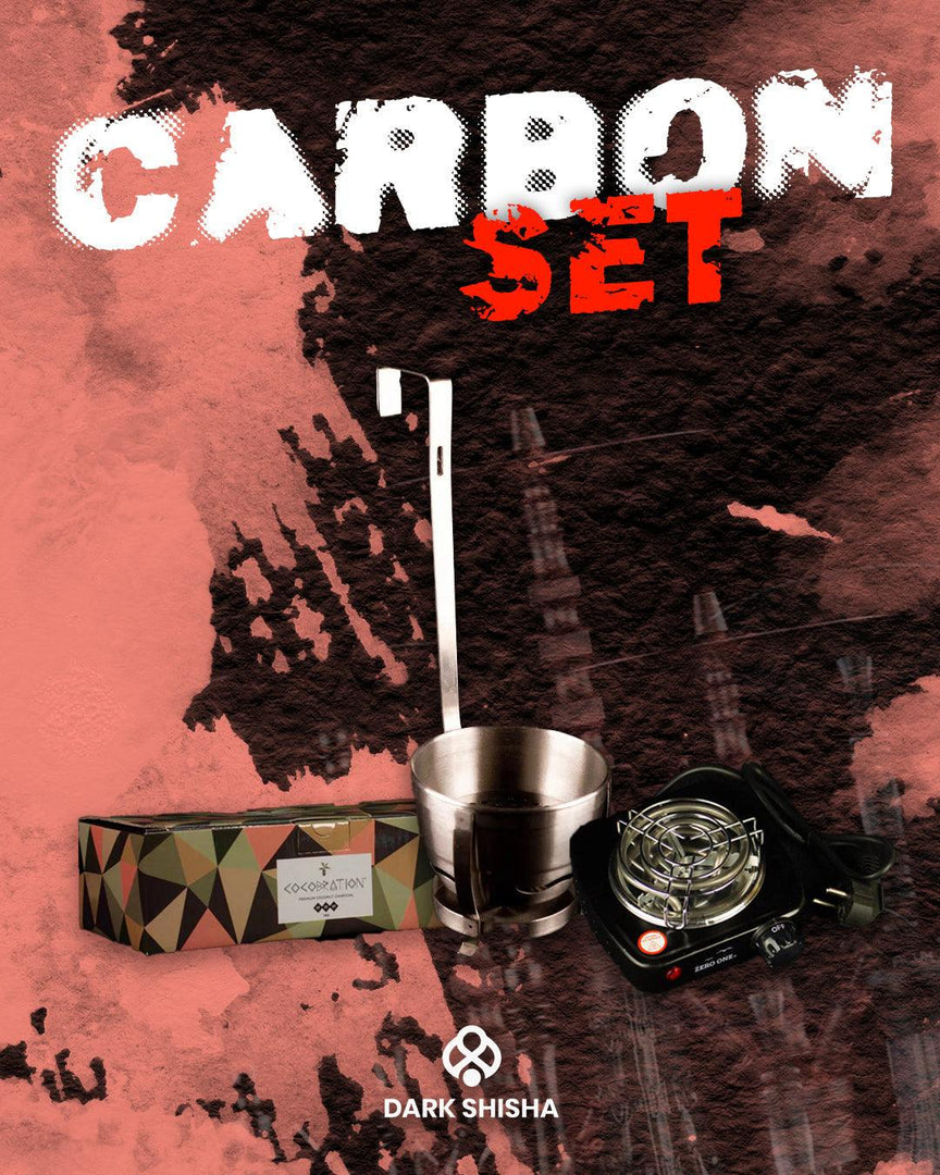 Set completo Dark Shisha per narghilè, include 1 kg di carbone Cocobration 27mm, fornello da 500W e porta carbone, ideale per gestire e trasportare il carbone in modo pratico e sicuro.