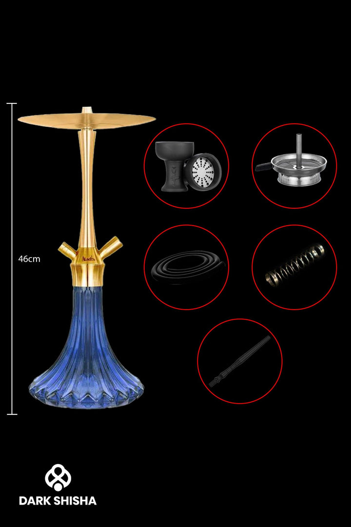 Shisha Aladin MVP A46 - Oro e Blu Oceano. Narghilè compatta di alta qualità in acciaio inox con diffusore regolabile, tubo in silicone antistatico,boccaglio e set camino incluso.