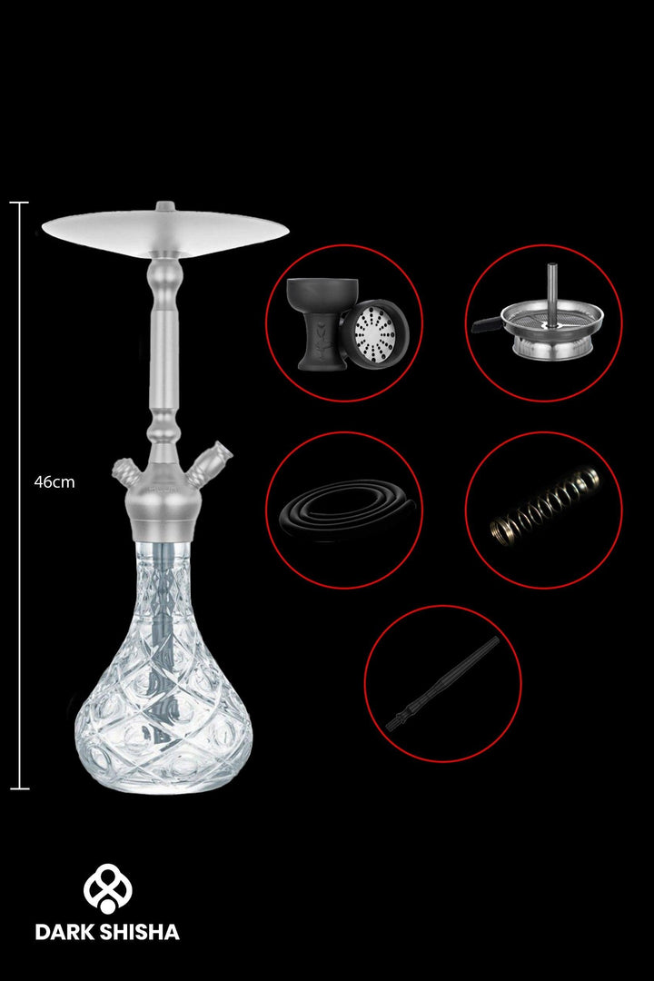 Narghilè Aladin Alux M5 - Shisha da 46 cm con design elegante in argento, dotata di colonna fumo in alluminio anodizzato, vetro trasparente inciso e accessori inclusi: testa in argilla, braciere, tubo in silicone con molla anti-piega e manico in plastica. Perfetta per principianti ed esperti.