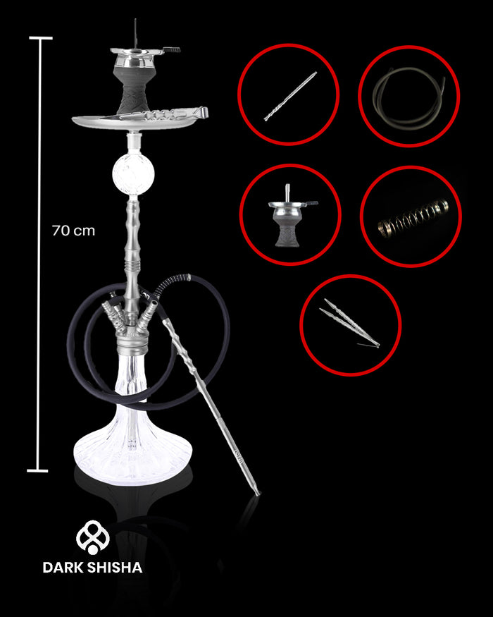 Narghilè Luna Bigima Argento: set completo con base in vetro lavorato a mano e accessori inclusi, perfetto per un’esperienza di fumo elegante e di qualità.