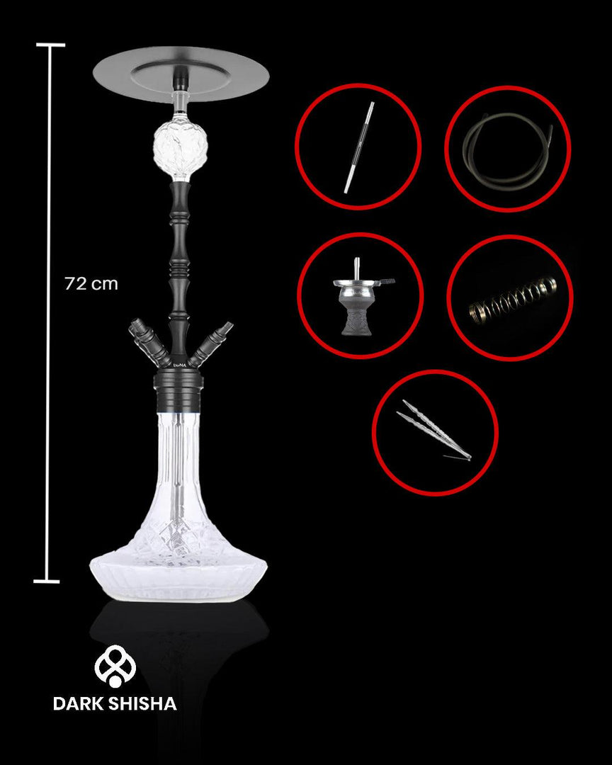 Narghilè Luna Praedo 2.0 nero, realizzato in alluminio anodizzato, altezza 72 cm, base in vetro cristallo decorato, set completo con sistema Closed-Chamber.