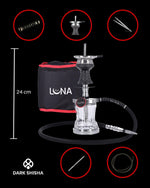 Carica immagine nella galleria Narghilè Luna Vacanza colore argento, alluminio anodizzato, set da viaggio completo, altezza 24 cm, con borsa inclusa e base vetro artigianale.
