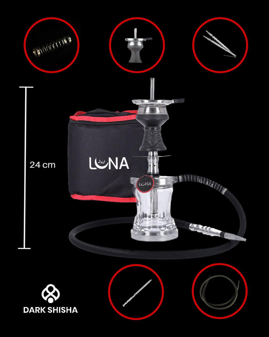 Narghilè Luna Vacanza colore argento, alluminio anodizzato, set da viaggio completo, altezza 24 cm, con borsa inclusa e base vetro artigianale.