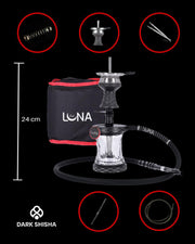 Narghilè Luna Vacanza colore nero, realizzato in alluminio anodizzato, altezza 24 cm, set completo ideale per viaggio e spostamenti.
