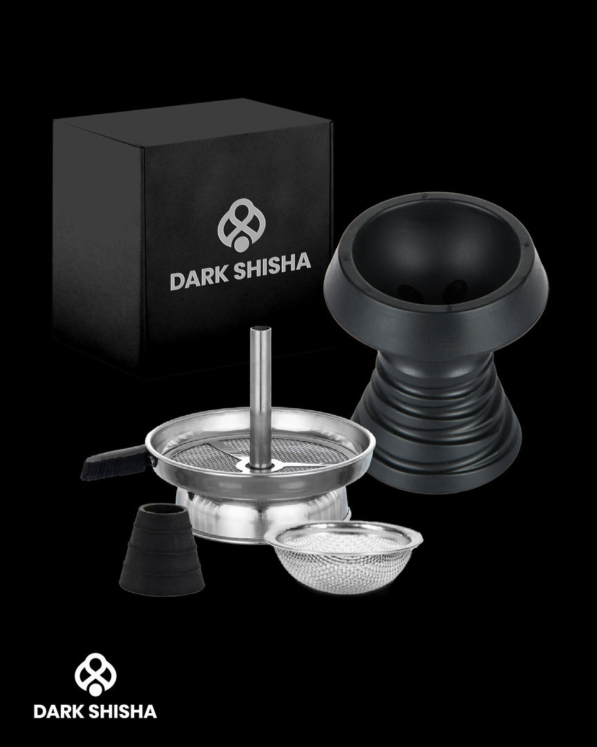 Set braciere in silicone nero Darkshisha con accessori e confezione su sfondo nero