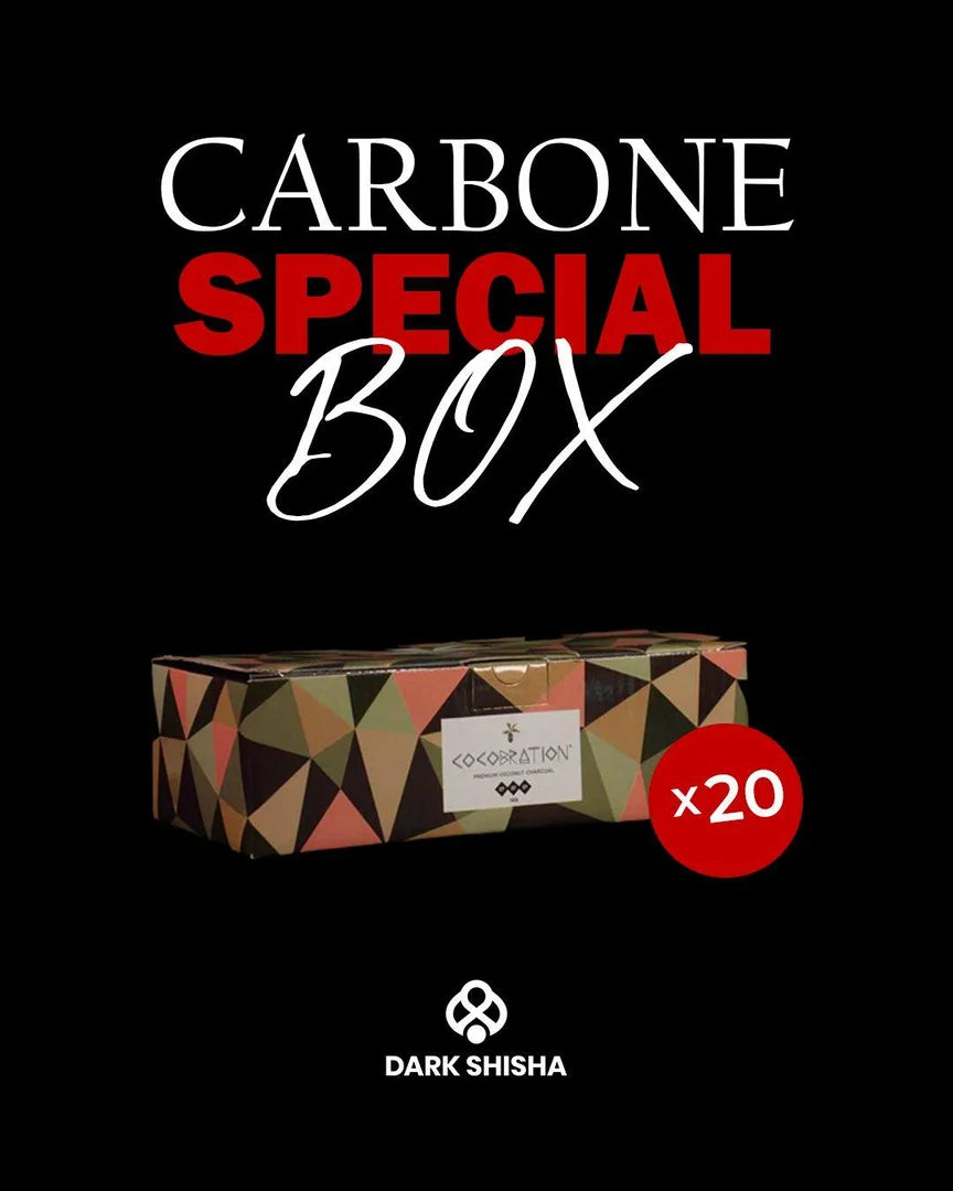 Box di carbone per narghilè Darkshisha Cocobration in confezione da 20 kg.